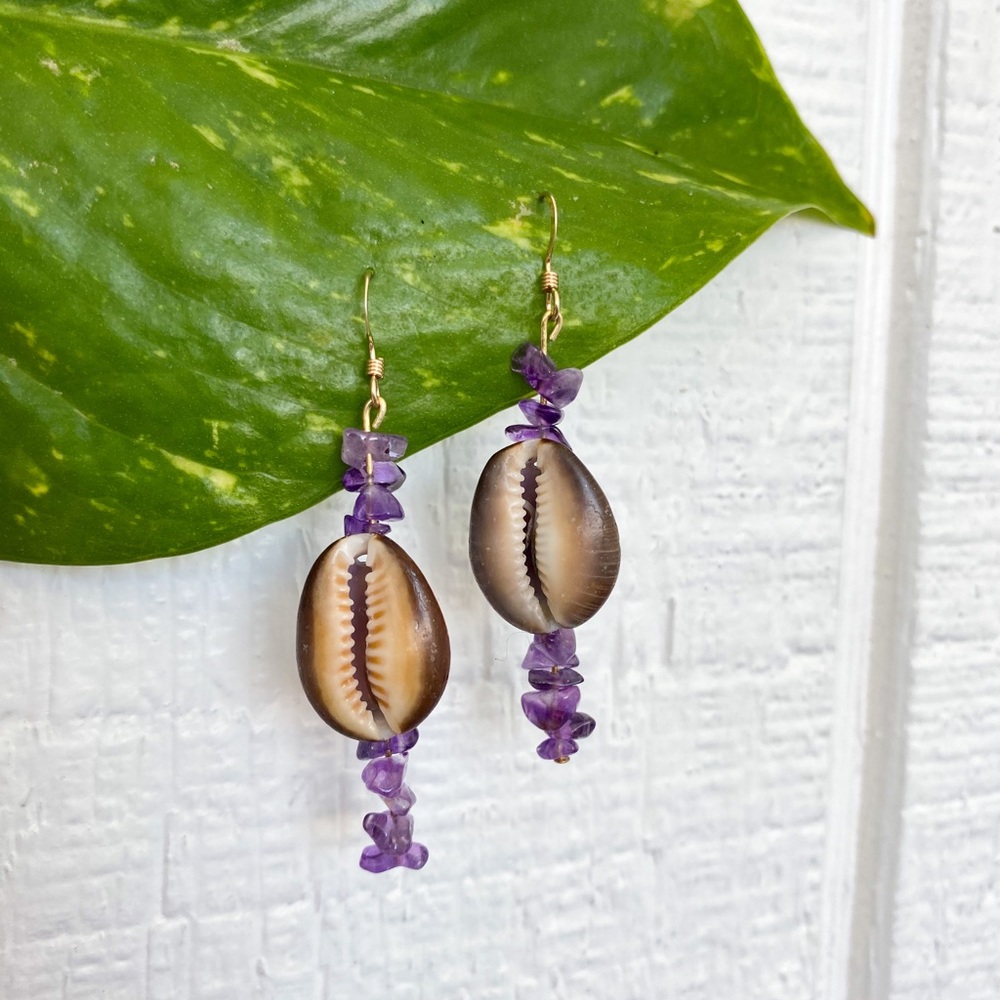 🐚14KGoldFilled Real Seashell/Amethyst Earrings